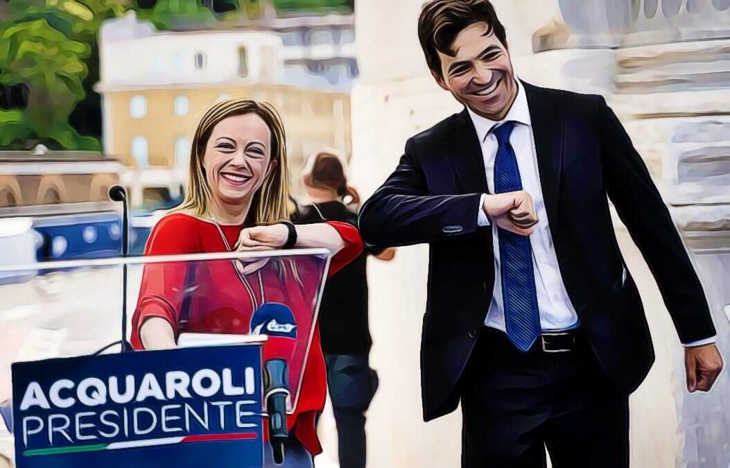 Giorgia Meloni, presidente di Fratelli d’Italia, e Francesco Acquaroli, Presidente della Regione Marche e deputato FdI